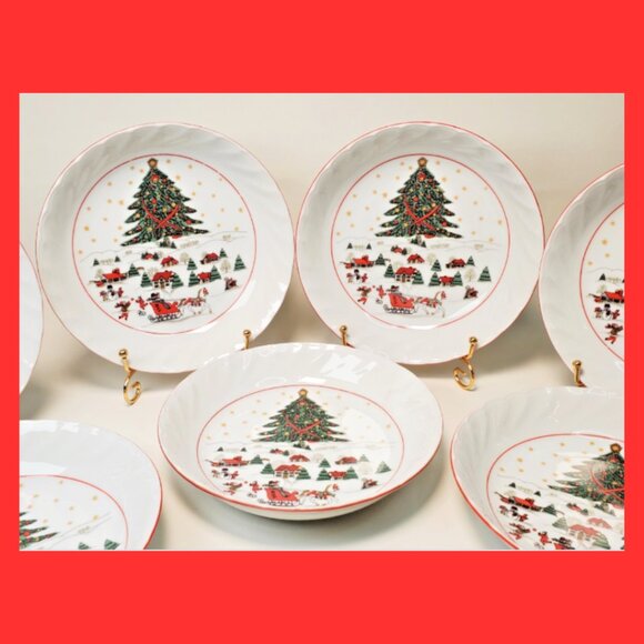 7 Kopin Christmas Salad/Dessert Bowls – 7.25" Holiday Dishes – Festive - Picture 1 of 7